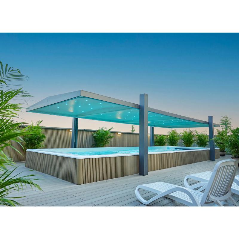 Where does the water drain from an outdoor swim spa tub?
